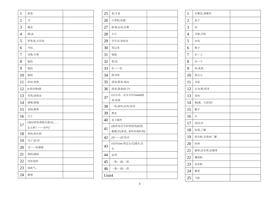 人教新版七年级上册英语单词默写表(直接打印)_第3页