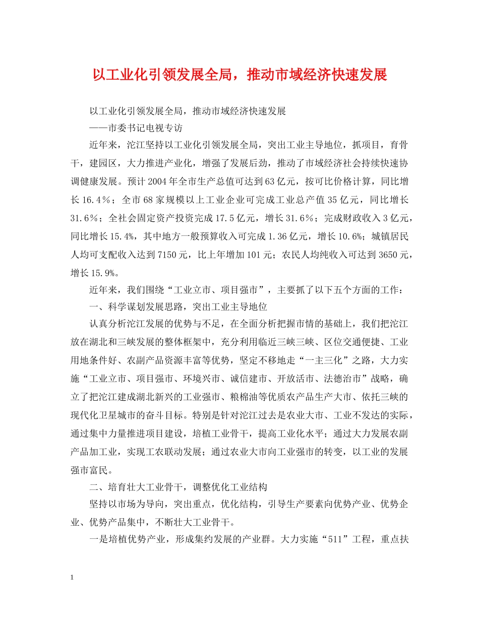 以工业化引领发展全局，推动市域经济快速发展_第1页