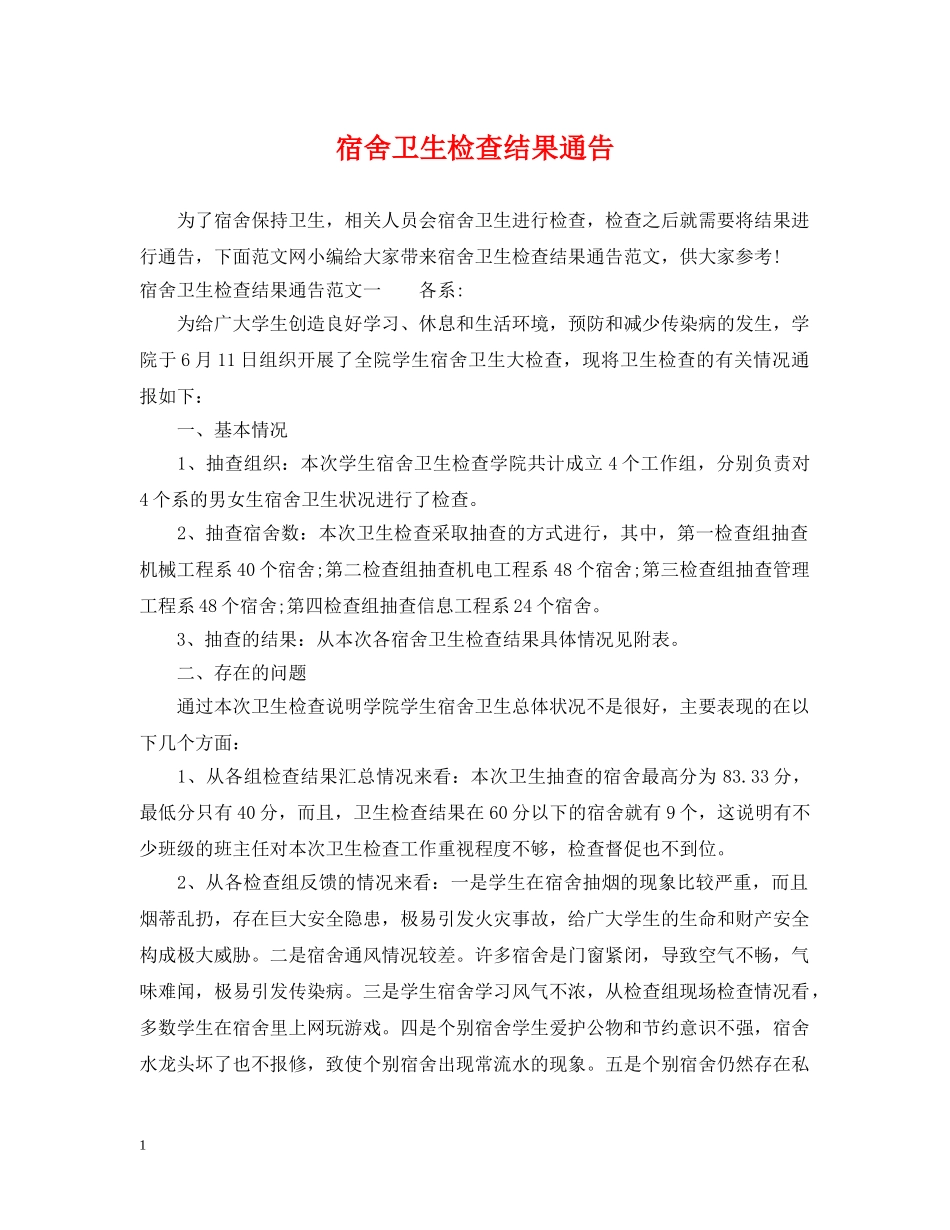 宿舍卫生检查结果通告 _第1页