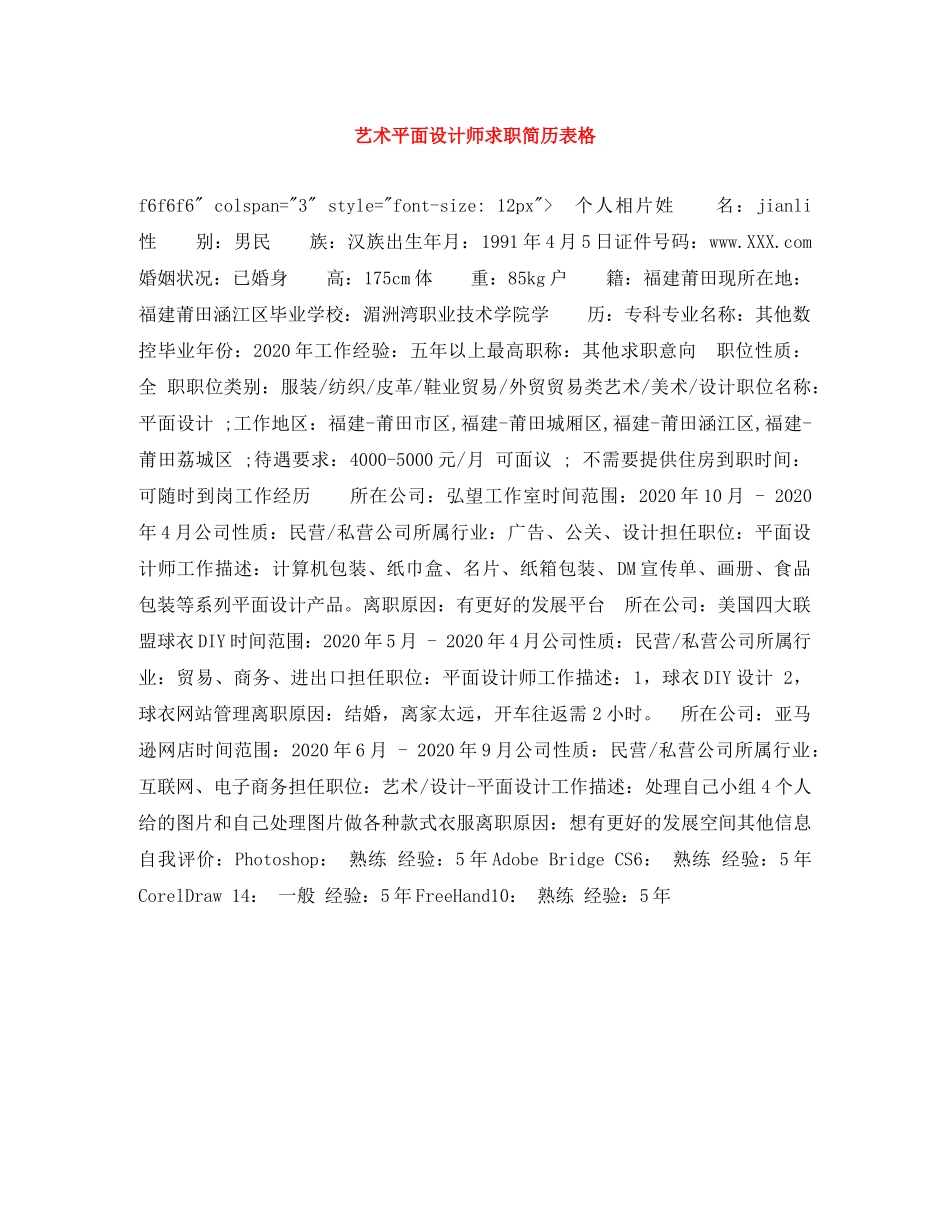 艺术平面设计师求职简历表格 _第1页
