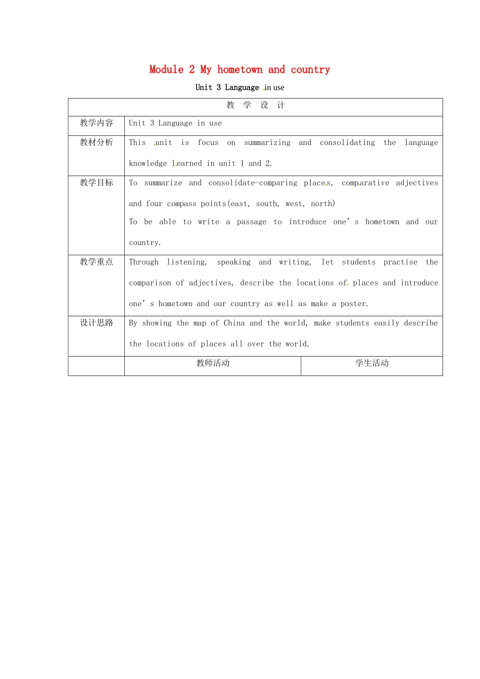 秋八年级英语上册 Module 2 My home town and my country Unit 3 Language in use教案 （新版）外研版-（新版）外研版初中八年级上册英语教案_第1页