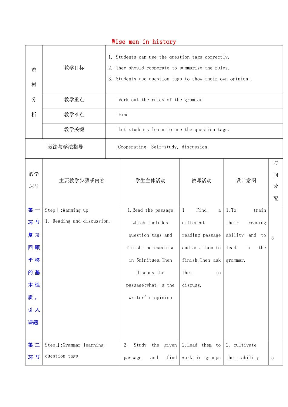 秋九年级英语上册 Unit 1《Wise men in history》教案5 （新版）牛津深圳版-牛津深圳版初中九年级上册英语教案_第1页