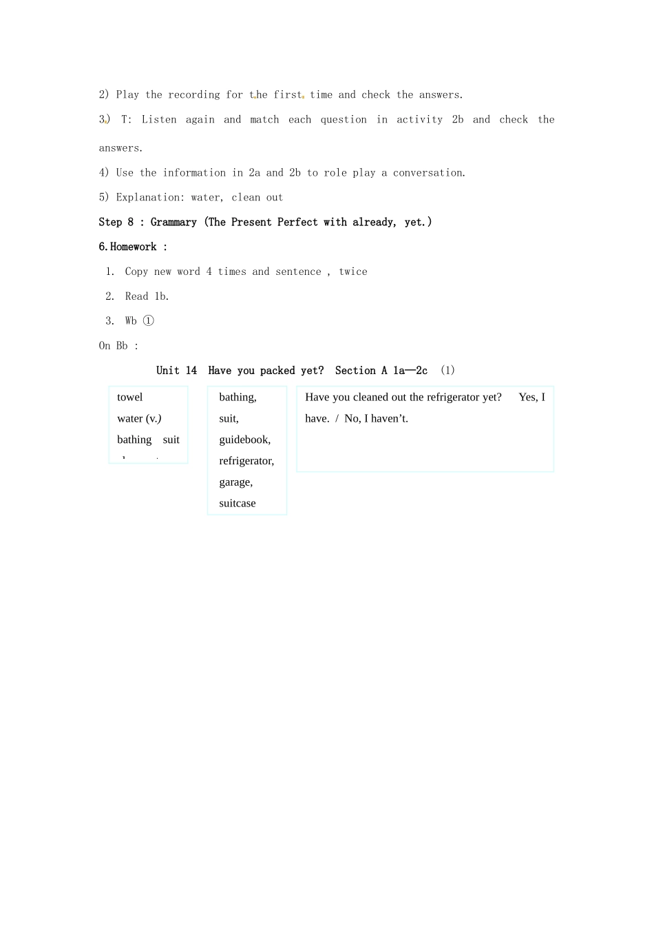 浙江省温州市第二十中学九年级英语全册 Unit 14 Have you packed yet Section A 1a-2c教案 人教新目标版_第3页