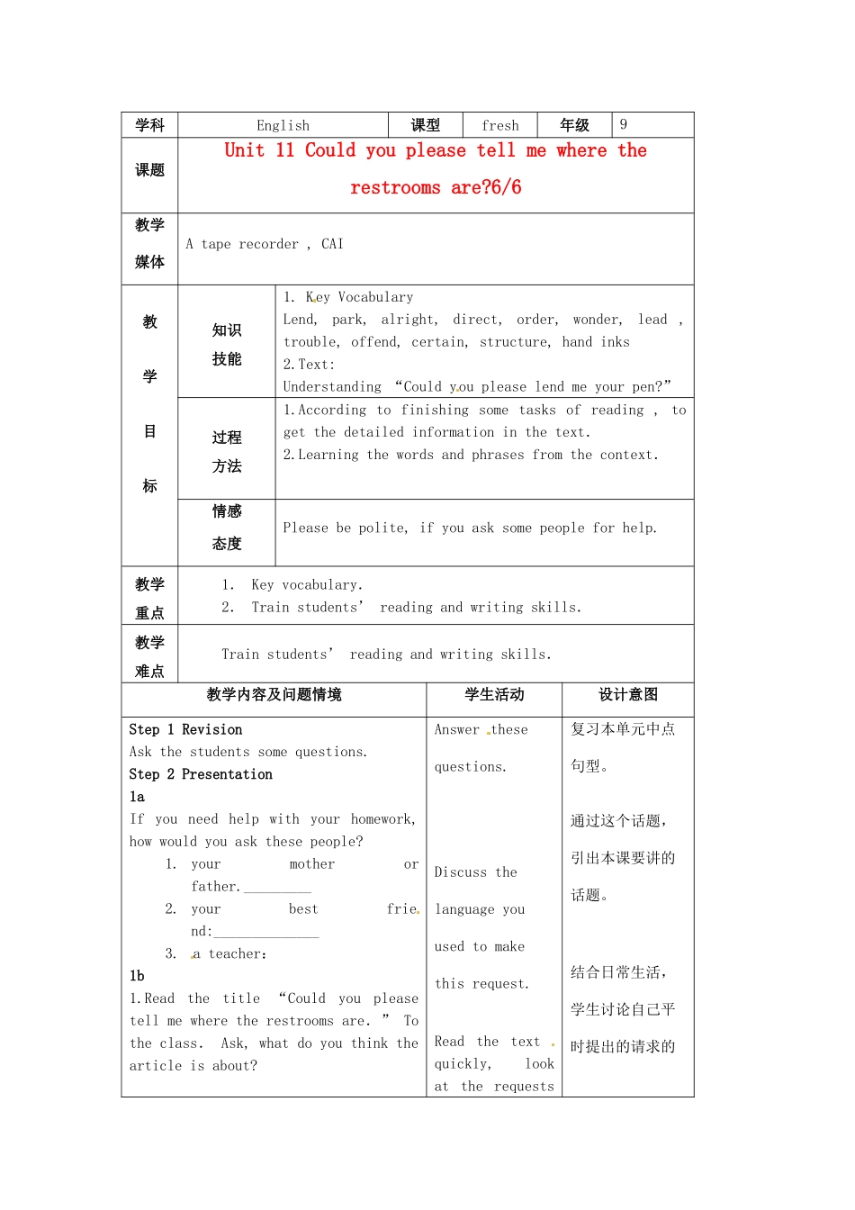 陕西省神木县大保当中学九年级英语 unit 11 Could you please tell me where the restrooms are period 6教案 人教新目标版_第1页