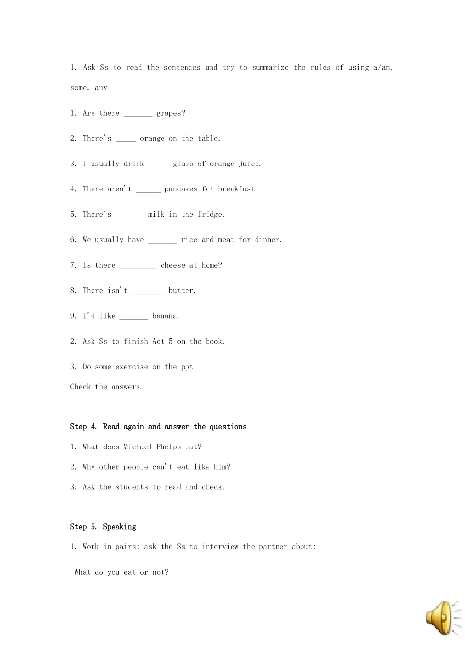 秋期七年级英语下册 Unit 3 Food and Drink Lesson 9 Food for Sport教案 （新版）北师大版-（新版）北师大版初中七年级下册英语教案_第3页