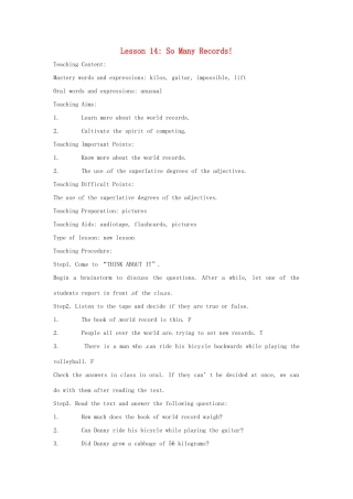 英语：Unit 2 Biggest,Longest,Widest Lesson 6英文教案（冀教版九年级上）