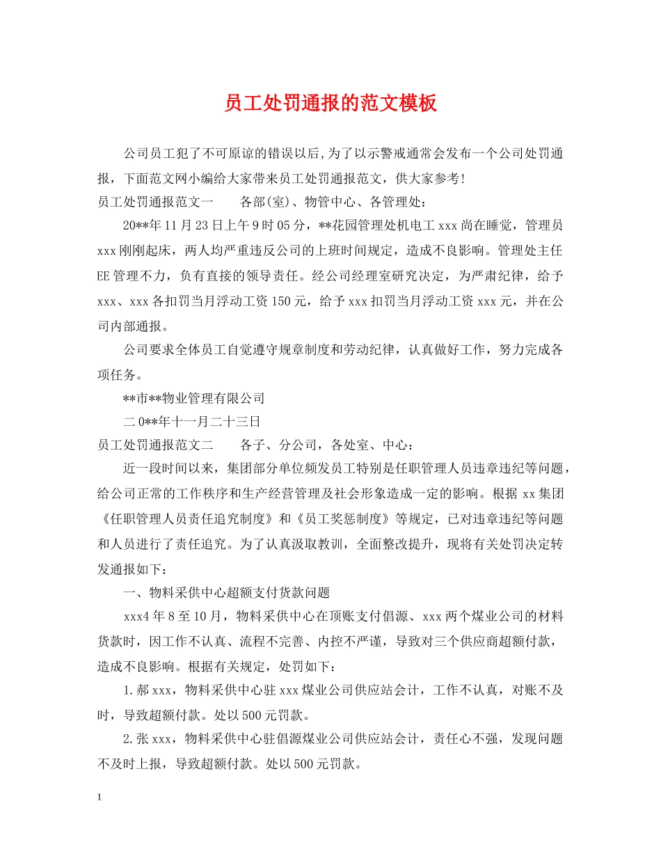 员工处罚通报的范文模板 _第1页
