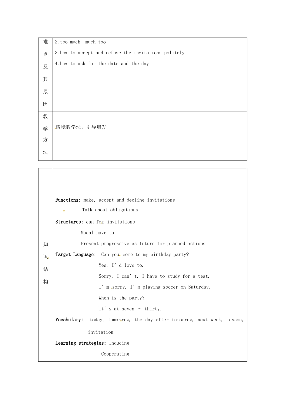 辽宁省凌海市石山初级中学八年级英语上册 Unit 5 Can you come to my party单元教学计划 人教新目标版_第2页