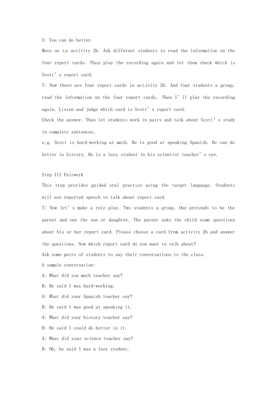 辽宁省辽阳市第九中学八年级英语下册《Unit 4 He said I was hard-working.》period3教案 人教新目标版_第3页