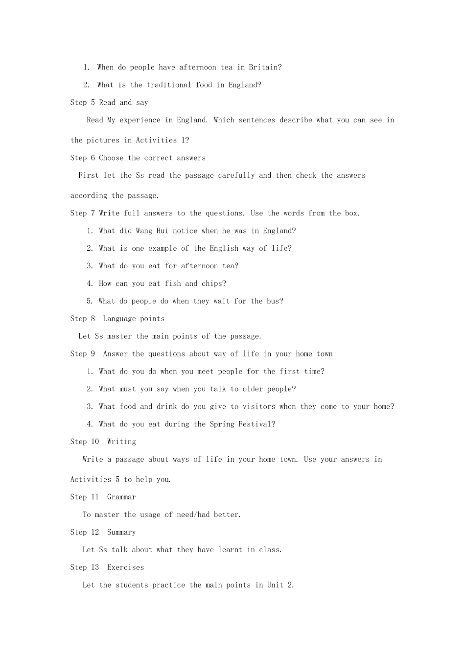 秋八年级英语上册 Module 11 Way of life Unit 2 In England, you usually drink tea with milk教案 （新版）外研版-（新版）外研版初中八年级上册英语教案_第2页