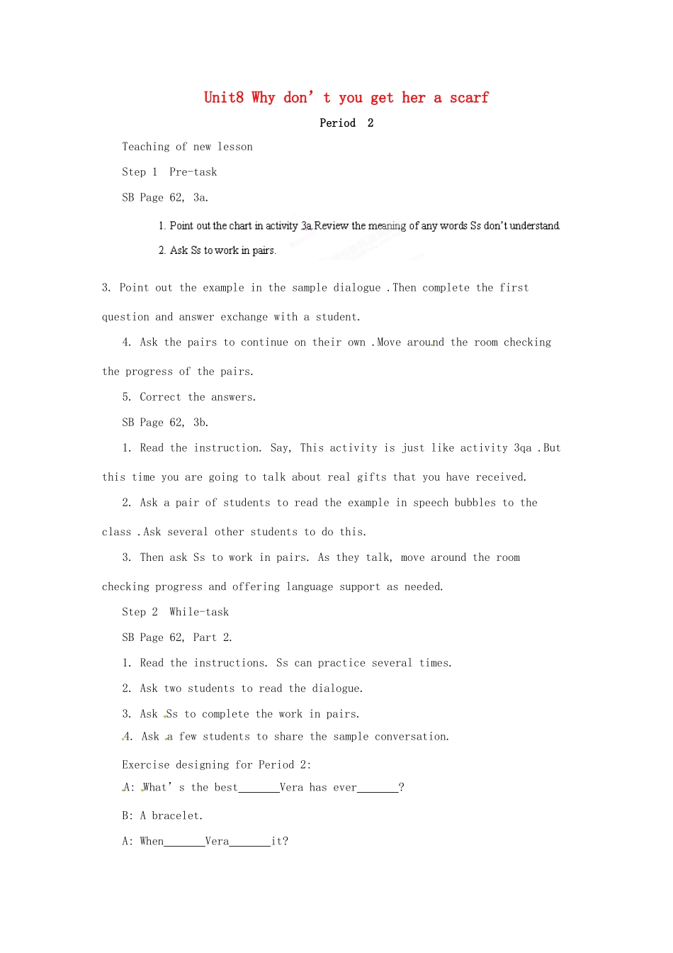 浙江省温州市第二十中学八年级英语下册 Unit8 Why don’t you get her a scarf Period 2教案 人教新目标版_第1页