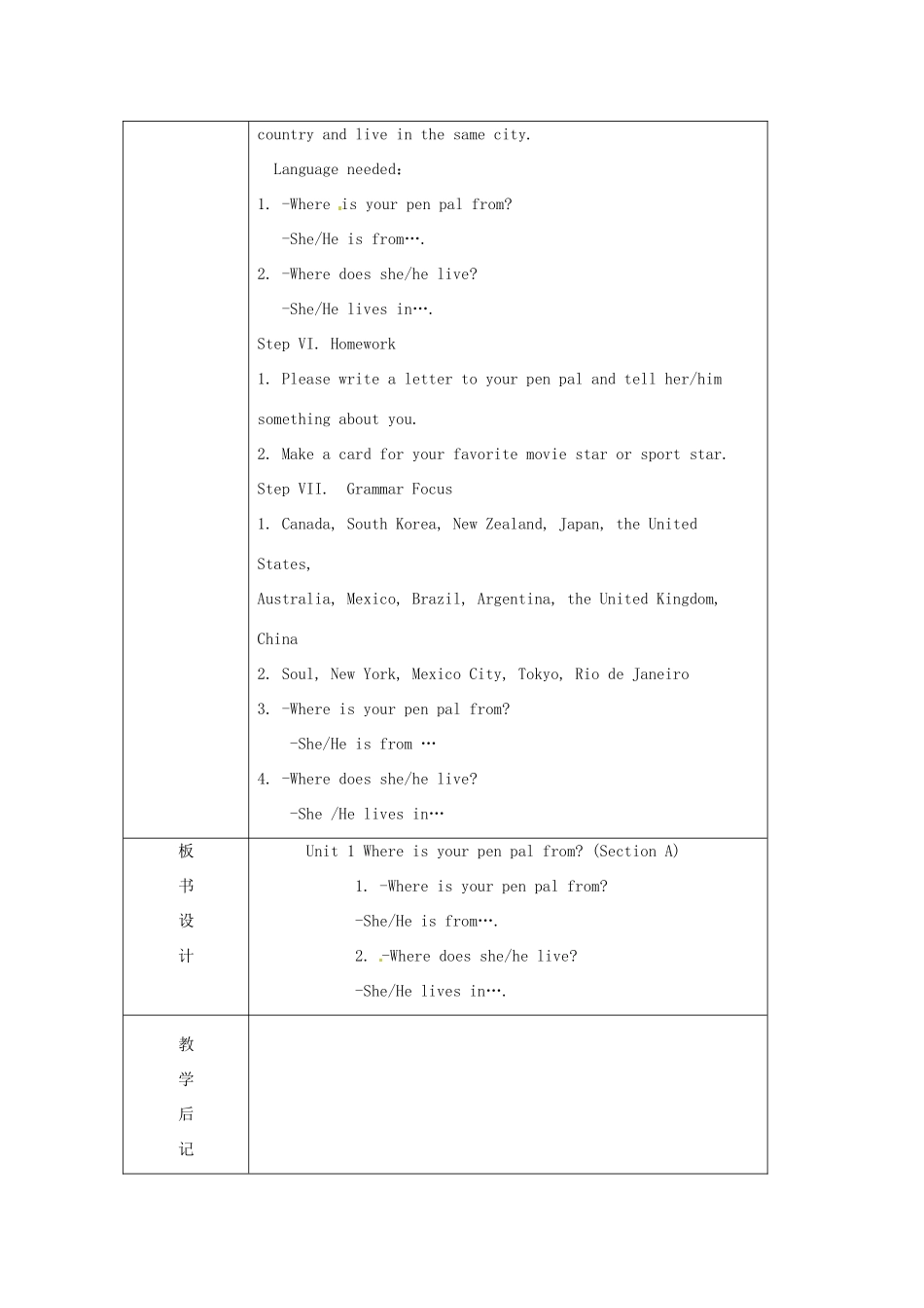 福建省长泰县第一中学七年级英语下册《Unit 1 Where’s your pen pal from》Section A教案1 人教新目标版_第3页