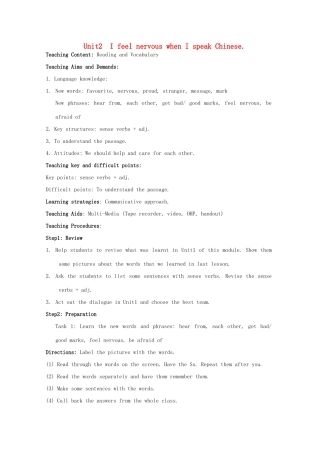 畅优新课堂春八年级英语下册 Module 1 Feelings and impressions Unit 2 I feel nervous when I speak Chinese教案 （新版）外研版-（新版）外研版初中八年级下册英语教案