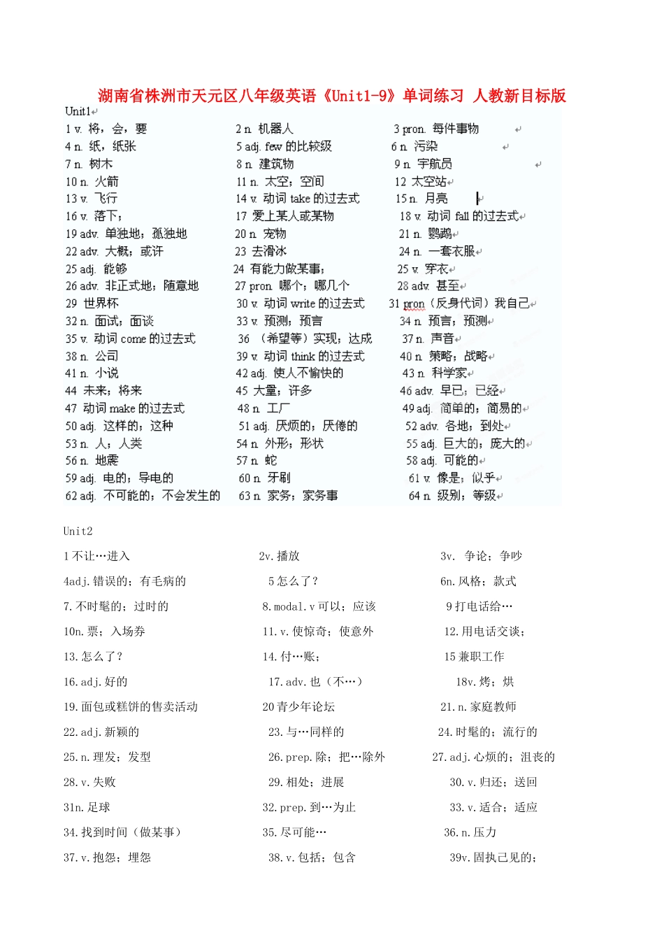 湖南省株洲市天元区八年级英语《Unit1-9》单词练习（无答案） 人教新目标版_第1页