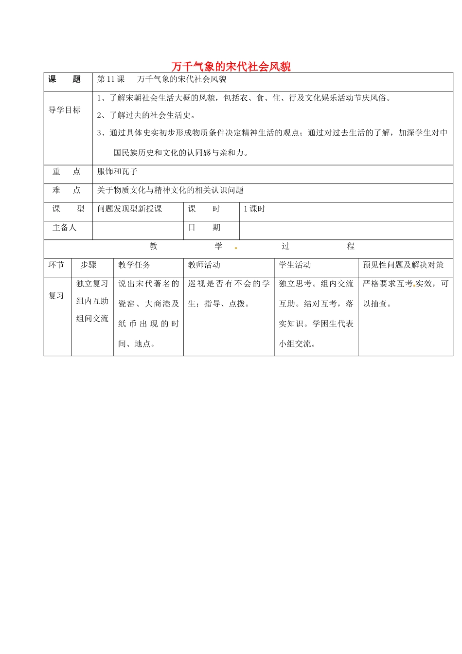 吉林省通化市七年级历史下册 第二单元 第11课 万千气象的宋代社会风貌导学案 鲁教版-鲁教版初中七年级下册历史学案_第1页