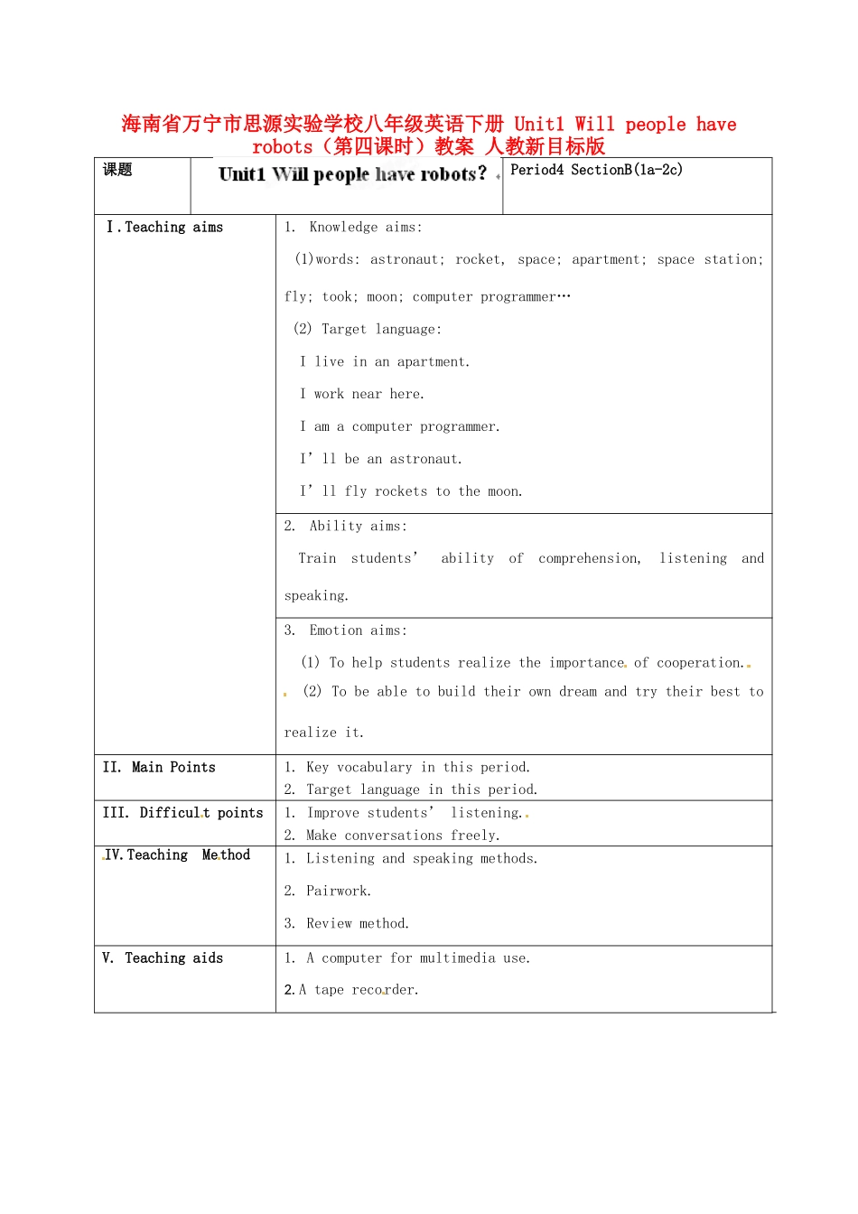 海南省万宁市思源实验学校八年级英语下册 Unit1 Will people have robots（第四课时）教案 人教新目标版_第1页