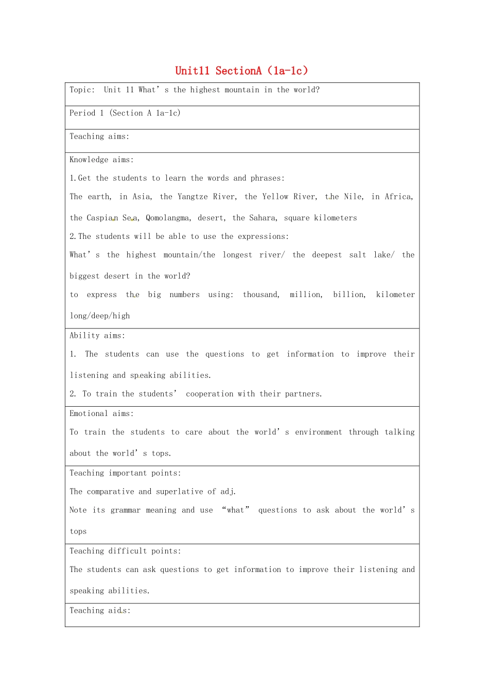 秋九年级英语全册 Unit 11《What’s the highest mountain in the world》（Section A 1a-1c）教案 （新版）鲁教版五四制-鲁教版五四制初中九年级全册英语教案_第1页