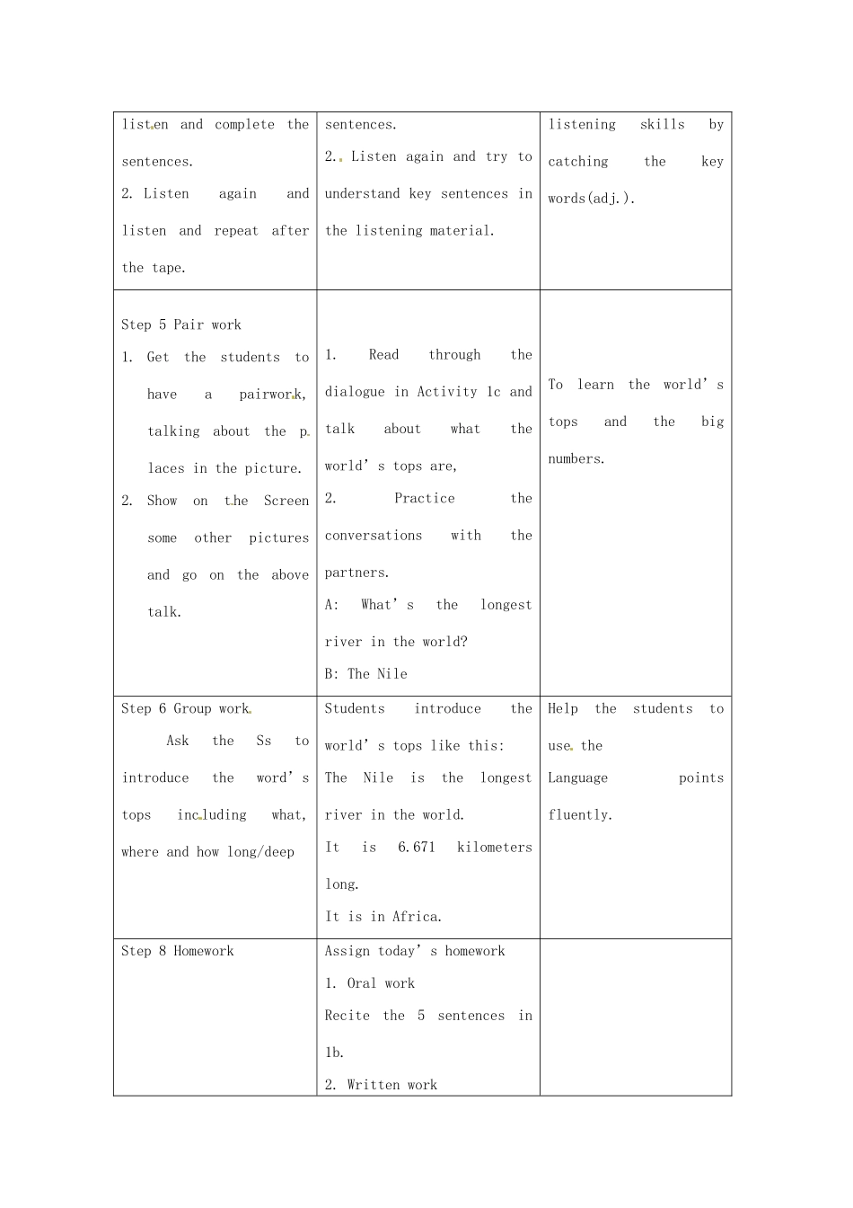 秋九年级英语全册 Unit 11《What’s the highest mountain in the world》（Section A 1a-1c）教案 （新版）鲁教版五四制-鲁教版五四制初中九年级全册英语教案_第3页
