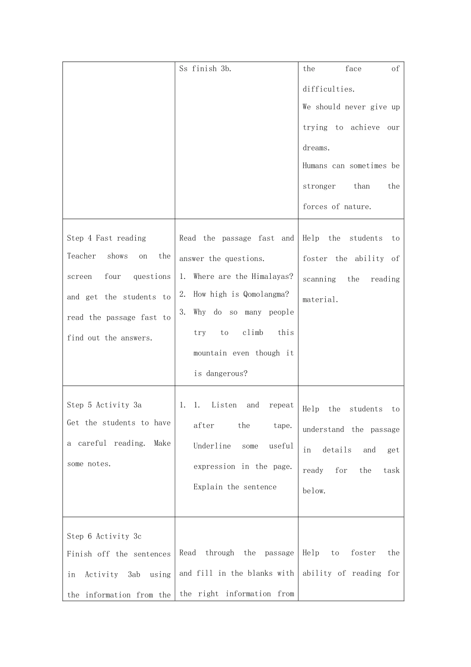 秋九年级英语全册 Unit 11《What’s the highest mountain in the world》（Section A 3a-4c）教案 （新版）鲁教版五四制-鲁教版五四制初中九年级全册英语教案_第3页