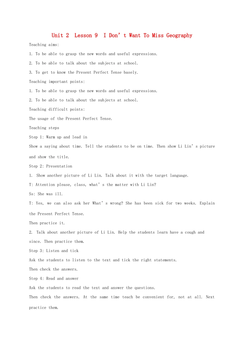 河北省涿州市八年级英语上册 Unit 2 My Favourite School Subject Lesson 9 I Don’t Want to Miss Geography教案2 （新版）冀教版-（新版）冀教版初中八年级上册英语教案_第1页