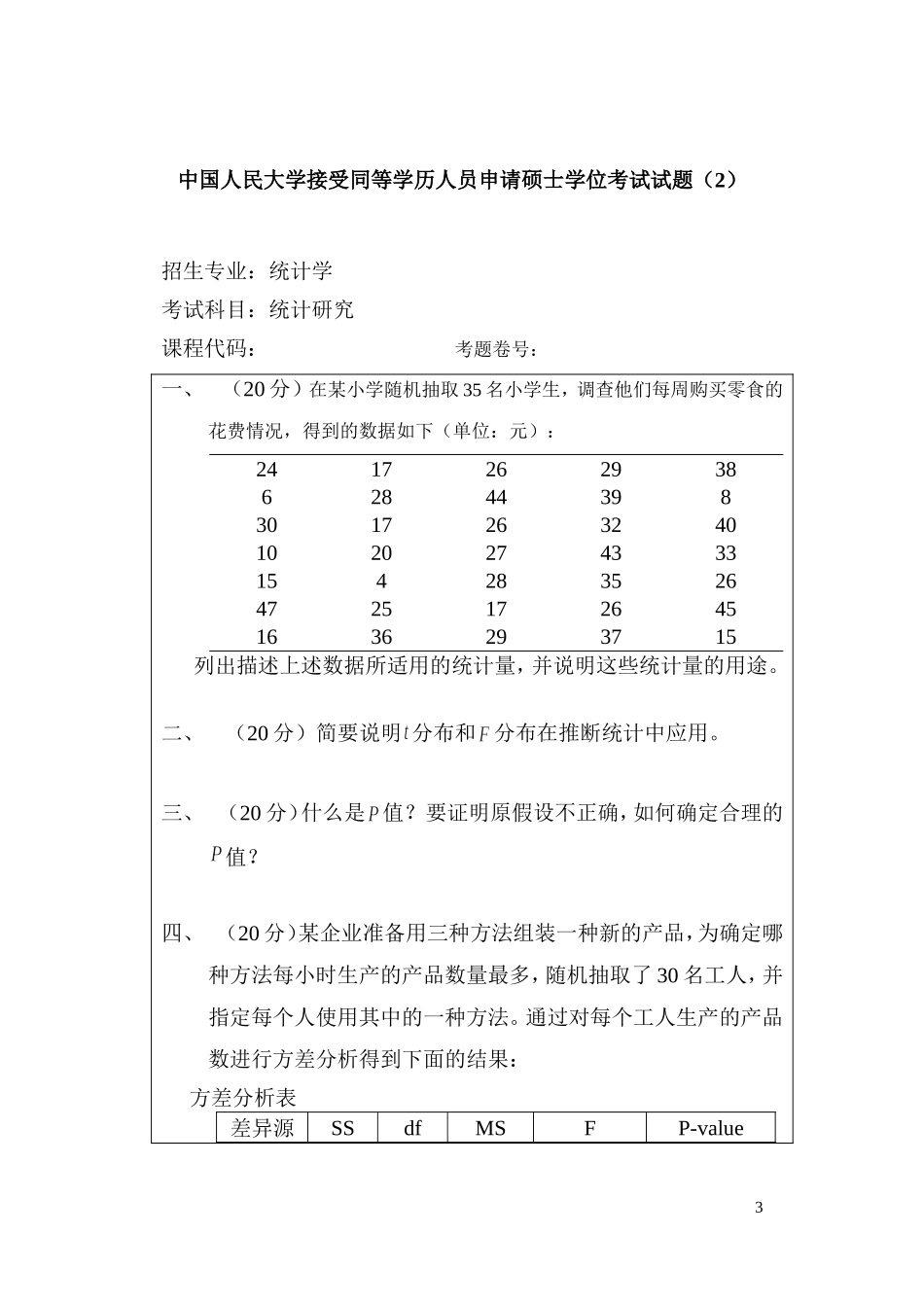 人民大学同等学历人员申请硕士学位考试试题题库(统计研究)_第3页