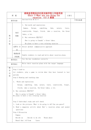 湖南省茶陵县世纪星实验学校八年级英语《Unit 3 What are you doing for vacation （5）》教案