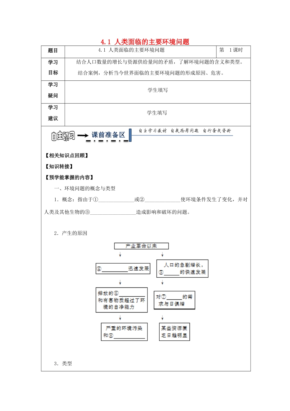 高中地理 第四章 人类与地理环境的协调发展 4.1 人类面临的主要环境问题学案 湘教版必修2-湘教版高一必修2地理学案_第1页