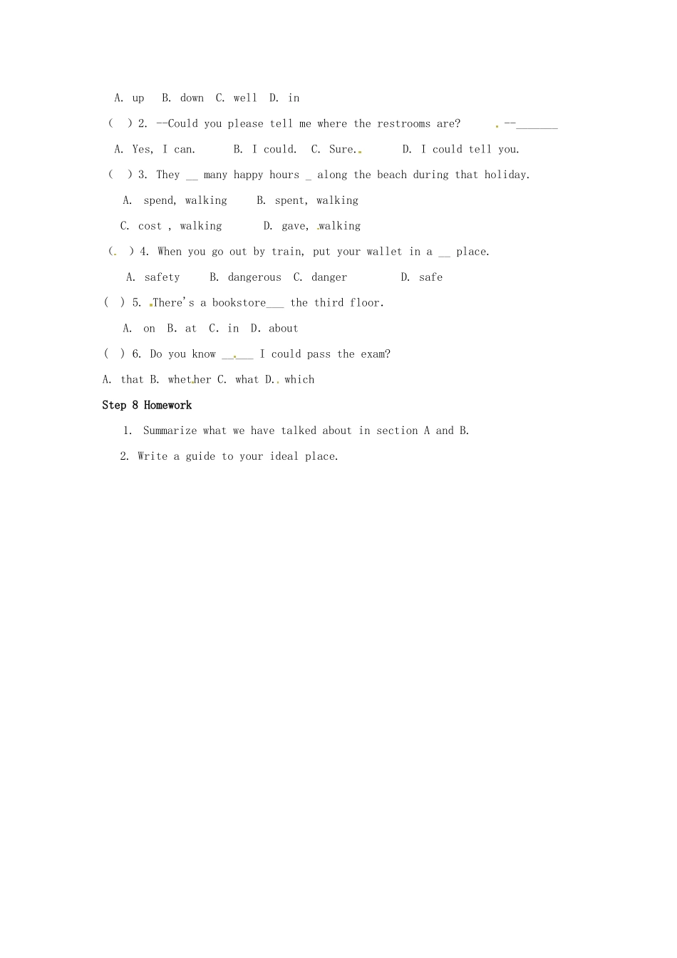 河南省南乐县张果屯乡中学九年级英语《Unit 11 Could you please tell me where the restrooms are？：Period 2》教案 人教新目标版_第2页