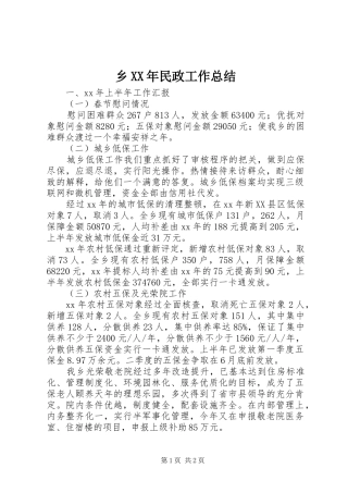 乡XX年民政工作总结 