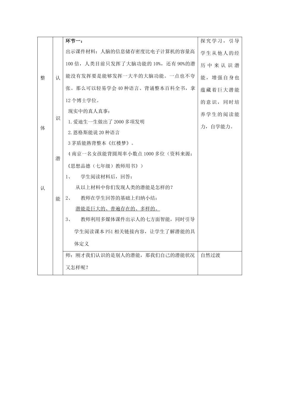 七年级政治上册 发现自己的潜能说课稿 人教新课标版教材_第3页