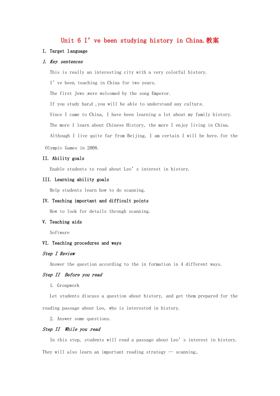 河南省洛阳市第二外国语学校八年级英语下册 Unit 6 I’ve been studying history in China.教案 人教新目标版_第1页