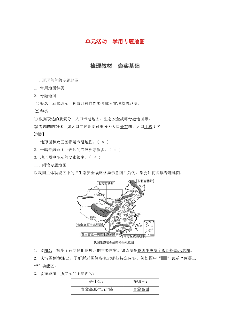 高中地理 第1单元 人口与环境 单元活动 学用专题地图学案 鲁教版必修第二册-鲁教版高一第二册地理学案_第1页