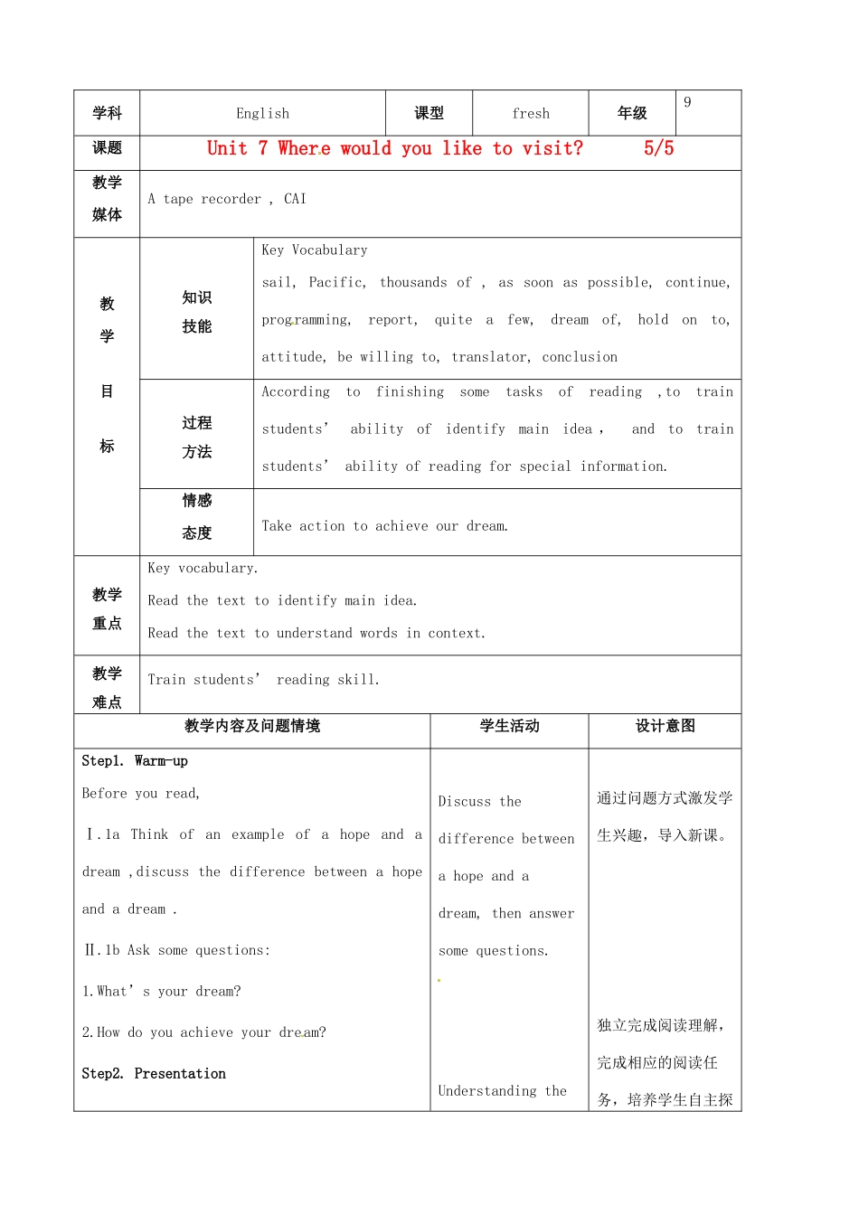 陕西省神木县大保当中学九年级英语 Unit 7 Where would you like to visit period5教案 人教新目标版_第1页