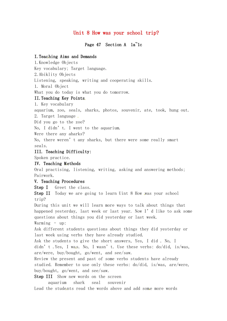 黑龙江省虎林市八五零农场学校八年级英语上册 Unit 8 How was your school trip_第1页