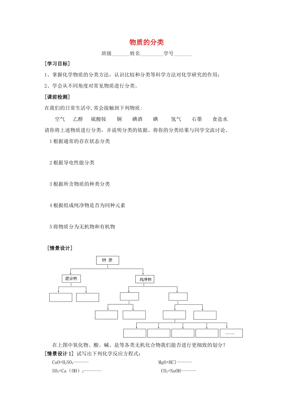 江苏省苏州中学园区高一化学《物质的分类》学案 苏教版_第1页