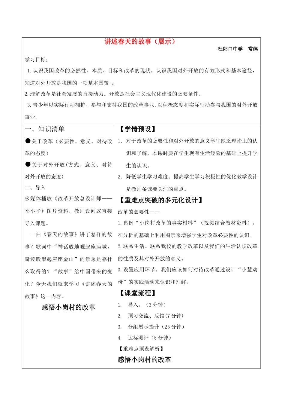 八年级历史 讲述春天的故事 杜郎口导学案 北师大版_第1页