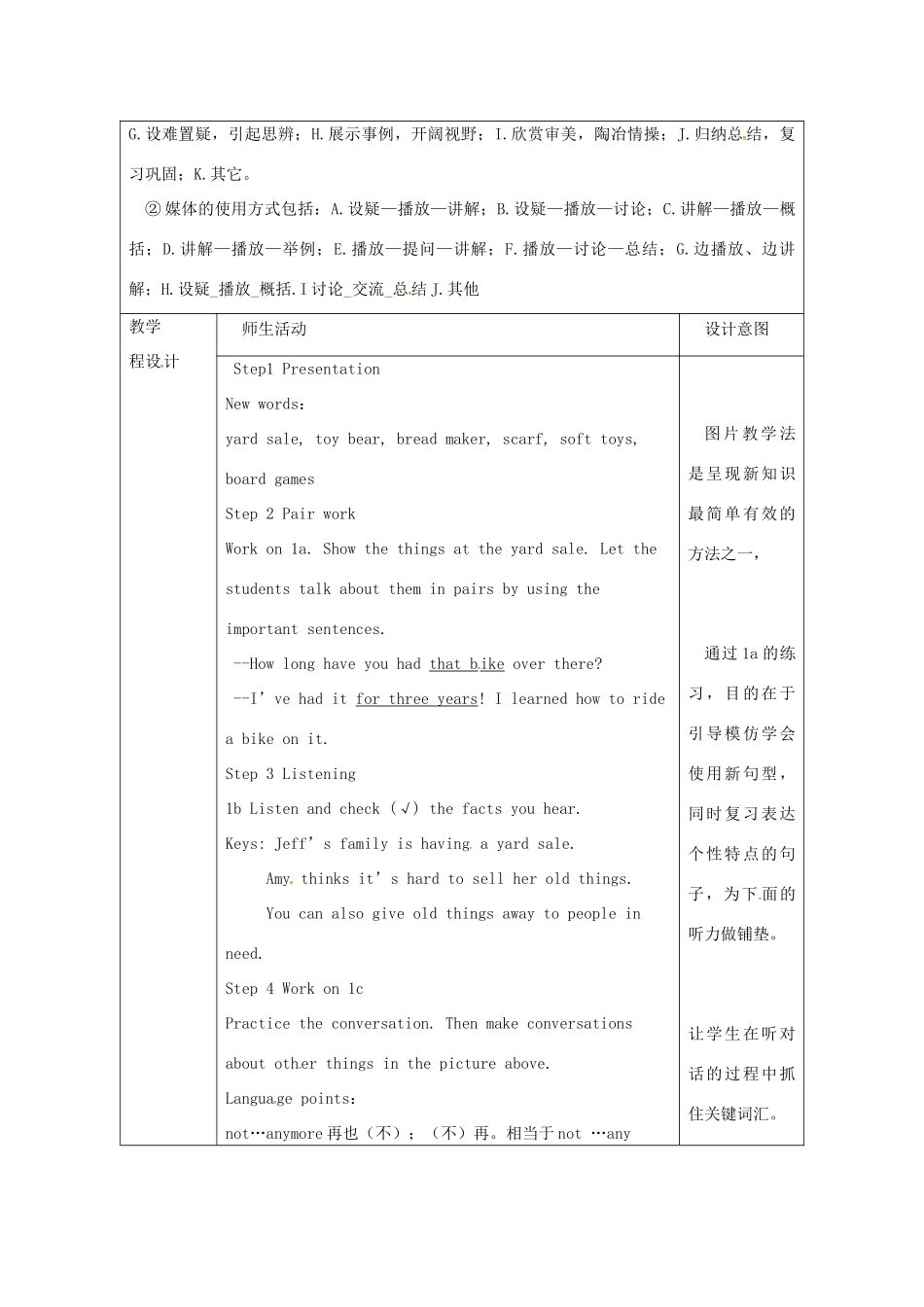 陕西省安康市石泉县池河镇八年级英语下册 Unit 10 I’ve had this bike for three years（第1课时）Section A（1a-1c）教案 （新版）人教新目标版-（新版）人教新目标版初中八年级下册英语教案_第2页