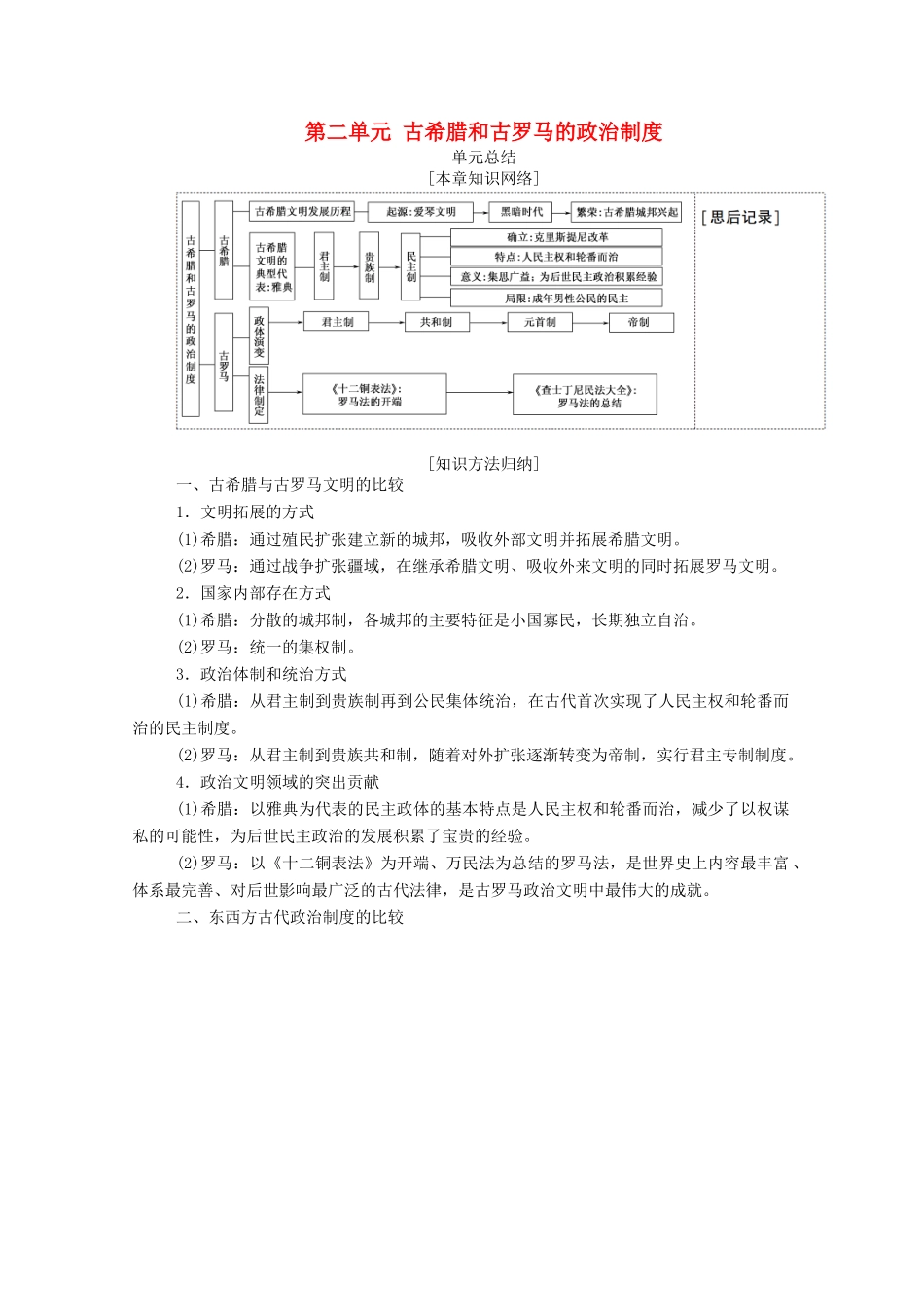 高中历史 第二单元 古希腊和古罗马的政治制度单元总结学案（含解析）岳麓版必修1-岳麓版高一必修1历史学案_第1页