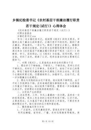 乡镇纪检委书记《农村基层干部廉洁履行职责若干规定(试行)》体会心得