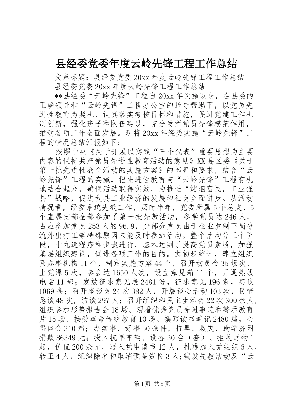 县经委党委年度云岭先锋工程工作总结 _第1页