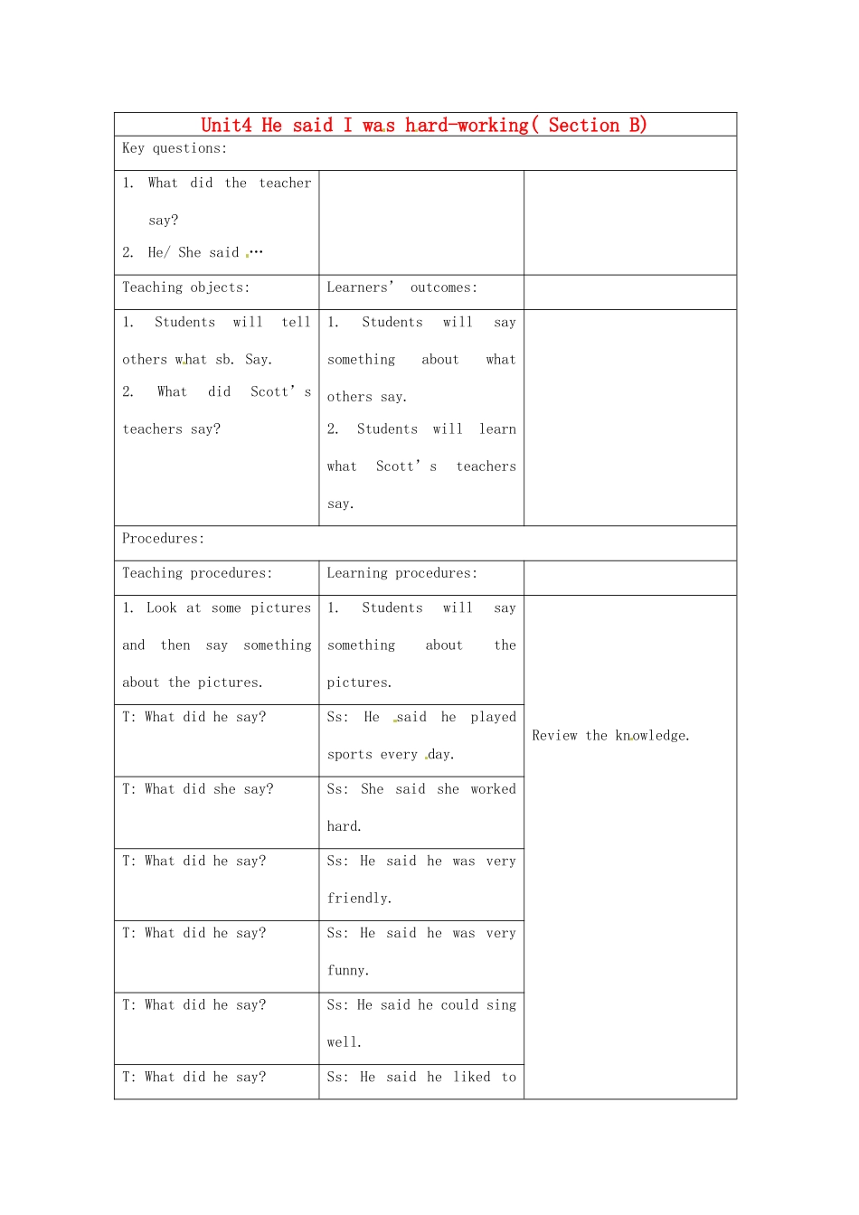 浙江省嵊州市三界镇中学八年级英语《unit4 He said I was hard-working》教案_第1页