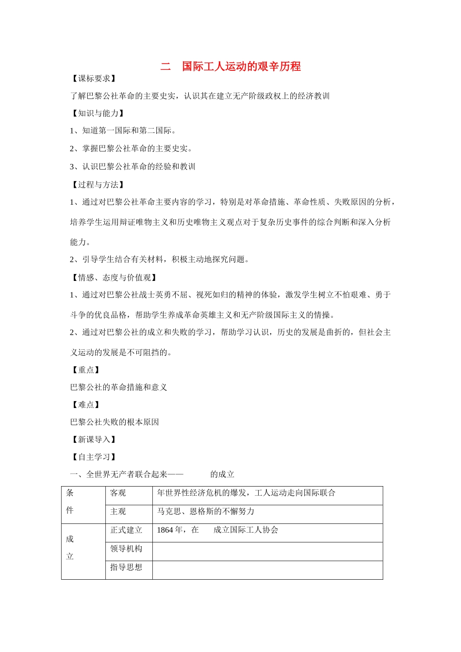 高中历史 专题八 解放人类的阳光大道第２节《国际工人运动的艰辛历程》自主学习学案1 人民版必修1_第1页