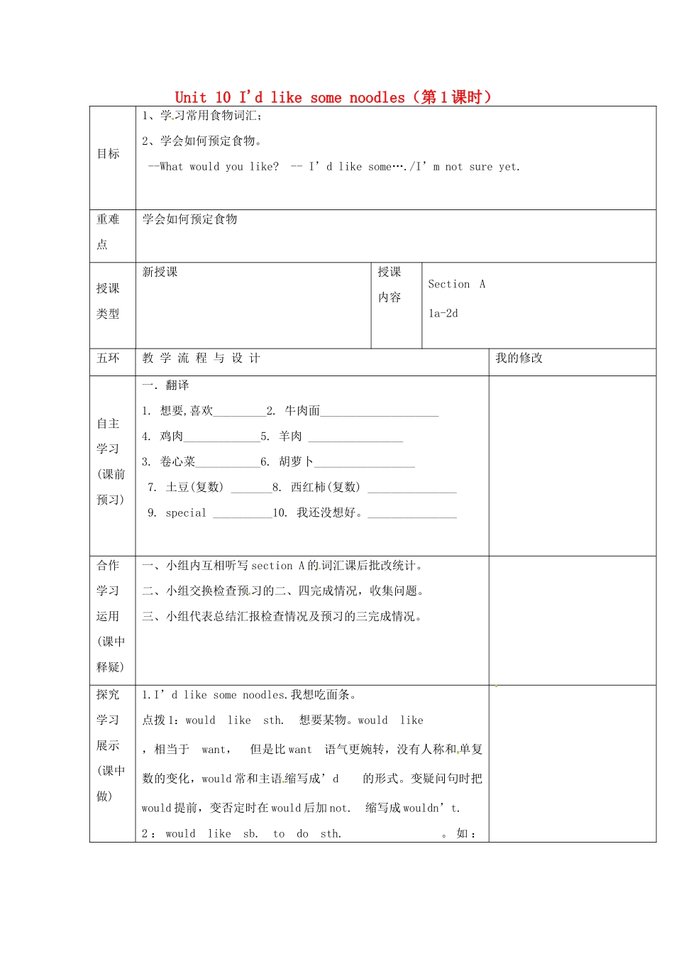 重庆市第110中学校七年级英语下册 Unit 10 I'd like some noodles（第1课时）教案 （新版）人教新目标版_第1页