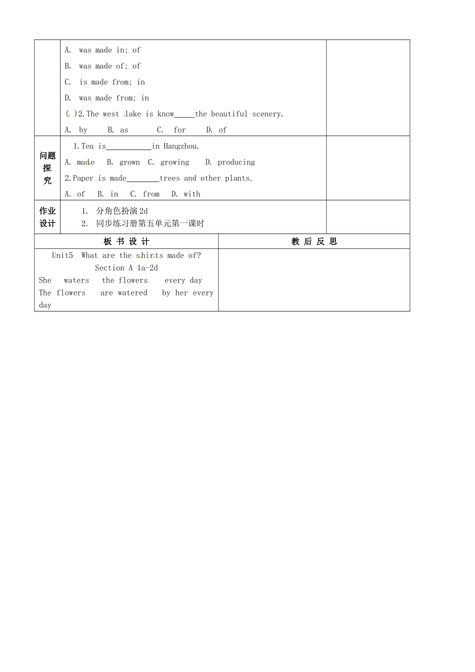 重庆市万州区甘宁初级中学九年级英语全册 Unit 5 What are the shirts made of section A（1a-2d）教案 （新版）人教新目标版_第2页