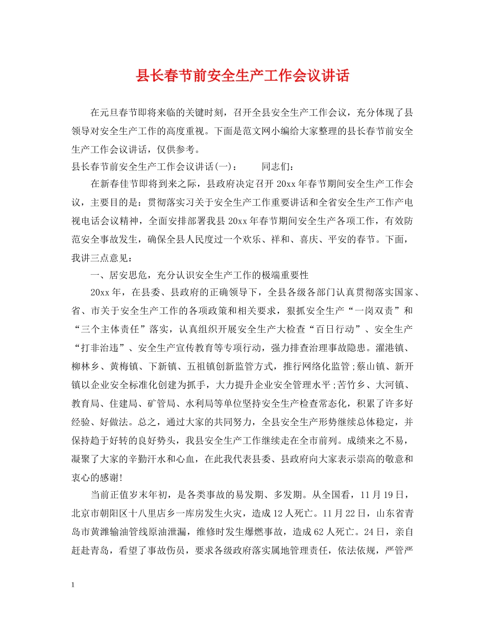 县长春节前安全生产工作会议讲话 _第1页