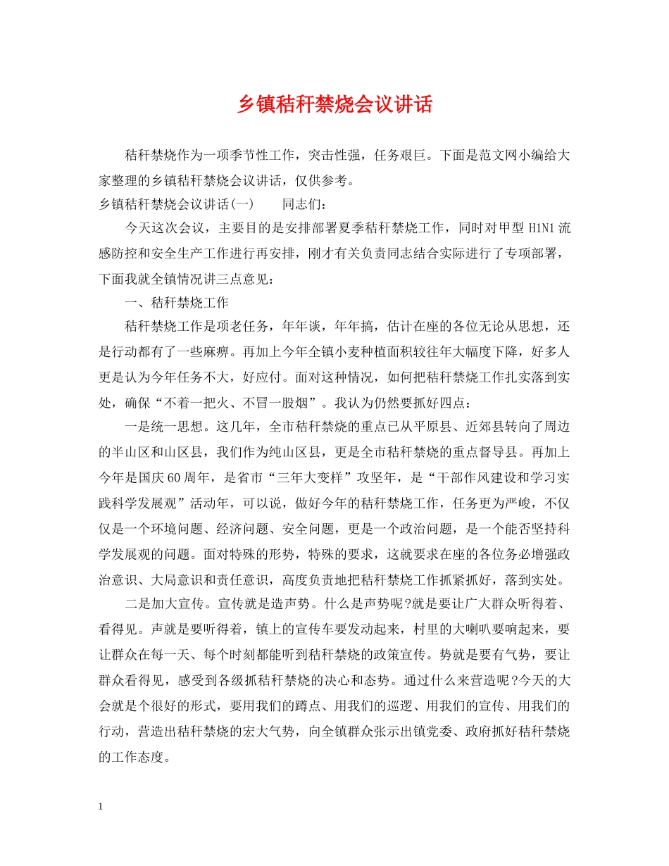 乡镇秸秆禁烧会议讲话_第1页