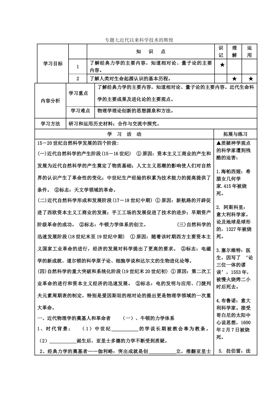 河北省高碑店市第三中学高二历史 专题七一二节 近代物理学生命的起源复习学案_第1页