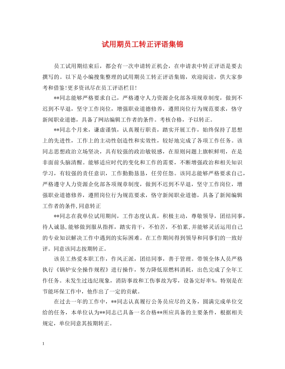 试用期员工转正评语集锦 _第1页