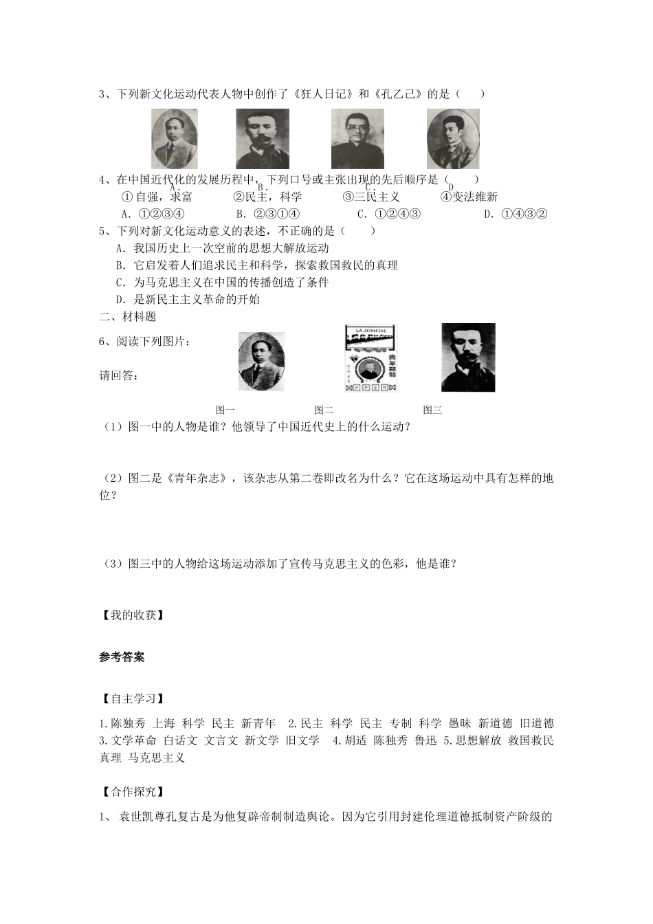 秋八年级历史上册 第二单元 辛亥革命与民国的创建 第11课 新文化运动导学案 岳麓版-岳麓版初中八年级上册历史学案_第2页