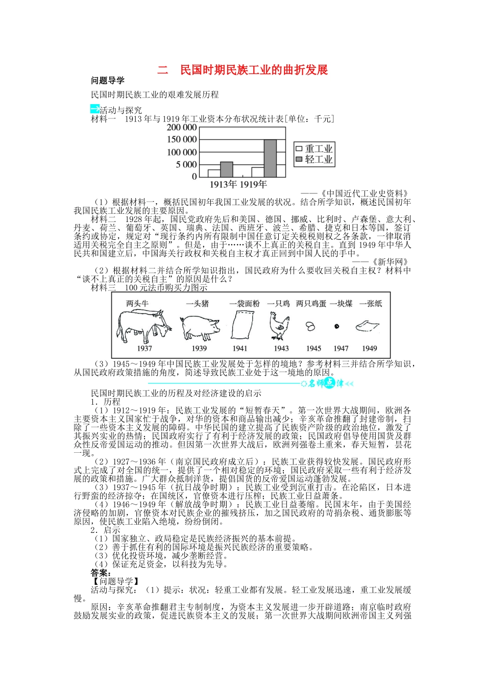 高中历史 专题二 近代中国资本主义的曲折发展 二 民国时期民族工业的曲折发展问题导学 人民版必修2-人民版高一必修2历史学案_第1页